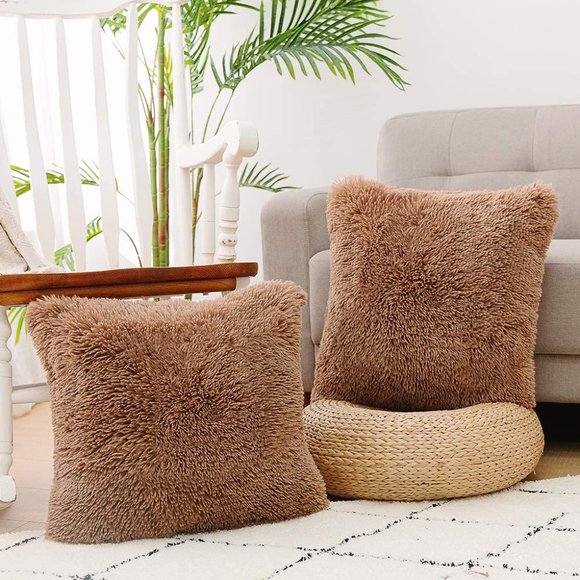 Tan/Khaki Luxury Furry Faux Fleece Pompom Cute Dorm Throw Pillow Decor Cover Set - Picture 3 of 8